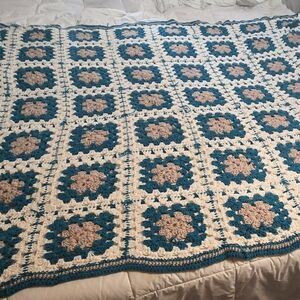 Crochet Granny Square Blanket in Teal, White and Beige